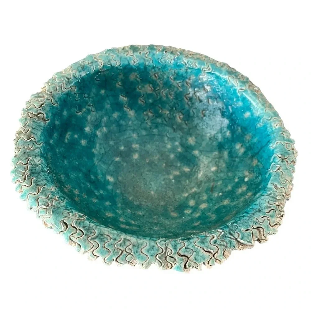 Raku Turquoise Textured Bowl Signed Sindy Unusual